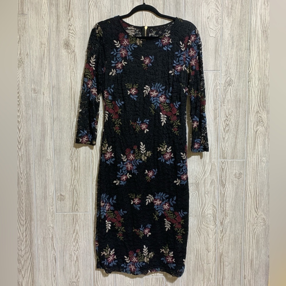 Bisou Bisou Michele Bohbot Floral Lace Midi Form Fitting Long Sleeve Dress SZ 12